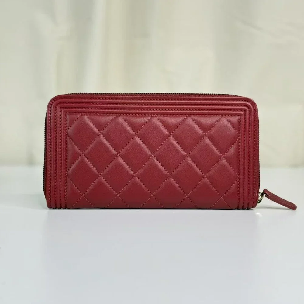 Chanel Dark Red Boy Wallet with Box Quilted Design & Gold Hardware
